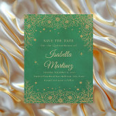 Emerald Green Gold Floral Stars Quinceañera Save The Date
