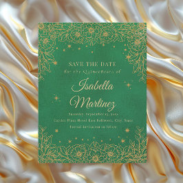 Emerald Green Gold Floral Stars Quinceañera Save The Date