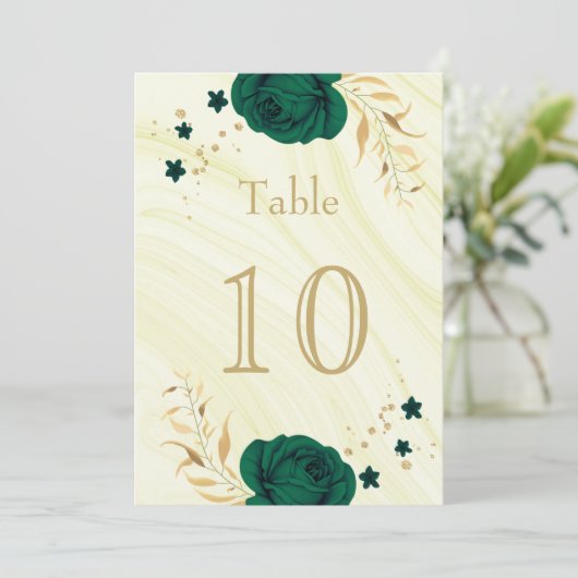 emerald green gold floral table number kaart (Staand voorkant)