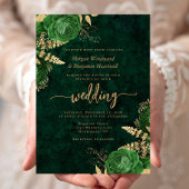 Emerald Green Gold Floral Wedding Kaart