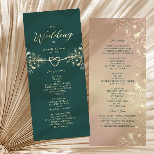 Emerald Green Gold Floral Wedding Programmakaart