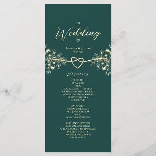 Emerald Green Gold Floral Wedding Programmakaart (Voorkant)