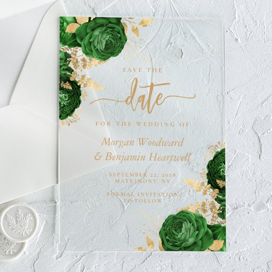 Emerald Green Gold Floral Wedding Save the Date Acryl Uitnodigingen