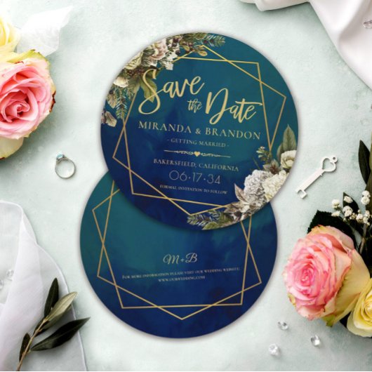 Emerald Green Gold Floral Wedding Save the Date Kaart