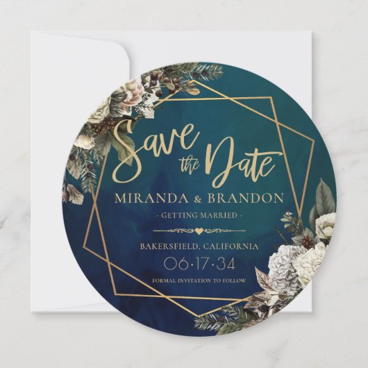 Emerald Green Gold Floral Wedding Save the Date Kaart (Voorkant)