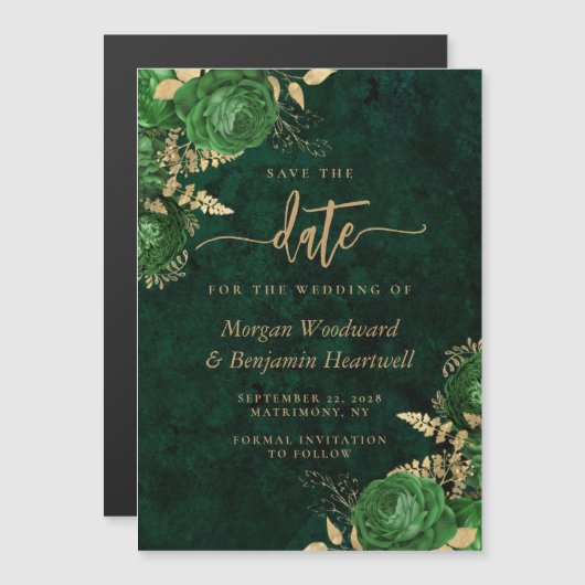 Emerald Green Gold Floral Wedding Save the Date Magnetische Uitnodiging (Voorkant / Achterkant)