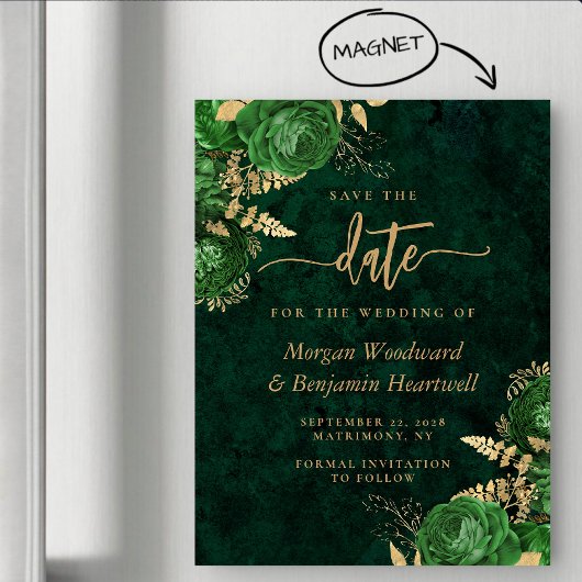 Emerald Green Gold Floral Wedding Save the Date Magnetische Uitnodiging