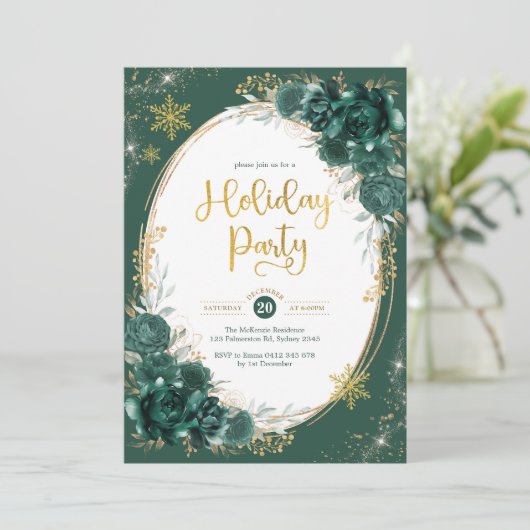 Emerald Green Gold Floral Winter Holiday Party Kaart (Staand voorkant)