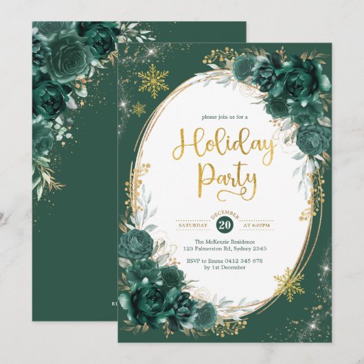 Emerald Green Gold Floral Winter Holiday Party Kaart (Voorkant / Achterkant)
