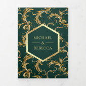Emerald Green Gold Flourish Swirl Wedding Photo Drieluik Uitnodiging (Cover)