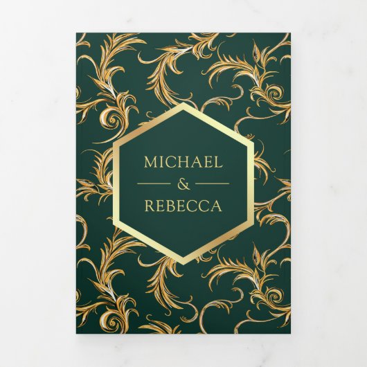 Emerald Green Gold Flourish Swirl Wedding Photo Drieluik Uitnodiging (Cover)