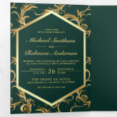 Emerald Green Gold Flourish Swirl Wedding Photo Drieluik Uitnodiging (Binnenzijde eerst)