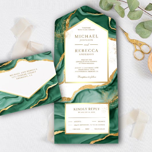 Emerald Green Gold Foil - Abstract vocht-inktwedde All In One Uitnodiging