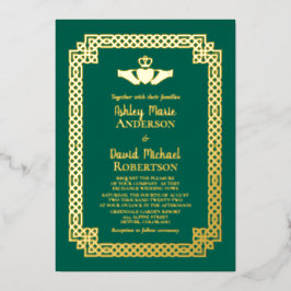 Emerald Green Gold Foil Celtic Claddagh Wedding Folie Uitnodiging
