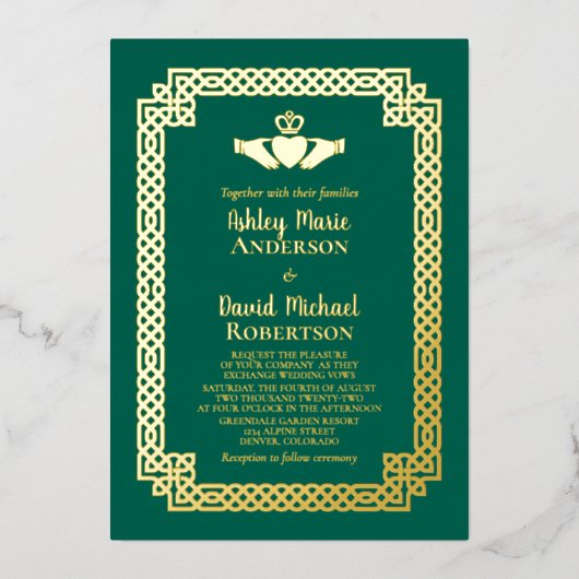 Emerald Green Gold Foil Celtic Claddagh Wedding Folie Uitnodiging (Voorkant)