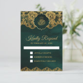 Emerald Green Gold Foil Lace Islamic Weddenschap RSVP Kaartje (Staand voorkant)