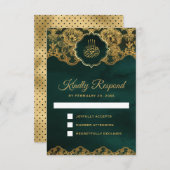 Emerald Green Gold Foil Lace Islamic Weddenschap RSVP Kaartje (Voorkant / Achterkant)
