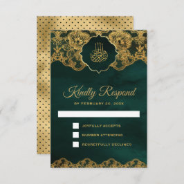 Emerald Green Gold Foil Lace Islamic Weddenschap RSVP Kaartje