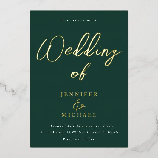 Emerald Green & Gold Foil Wedding Folie Uitnodiging (Voorkant)