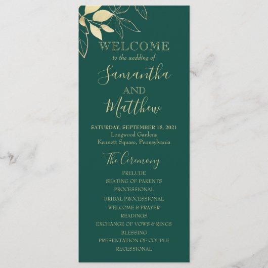 Emerald Green & Gold Foliage Botanical Wedding Programmakaart (Voorkant)