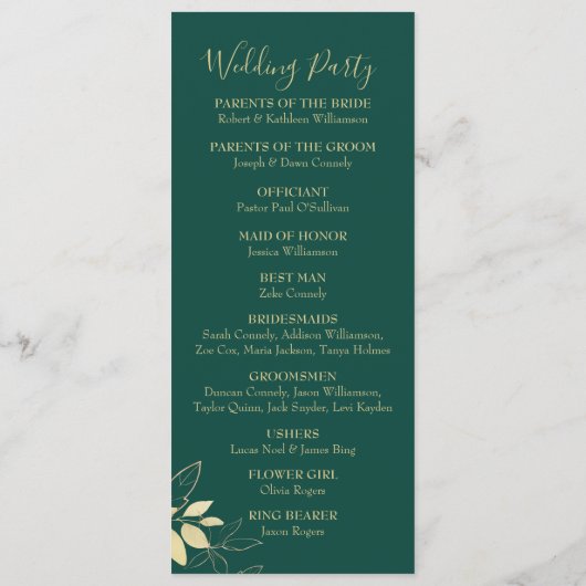 Emerald Green & Gold Foliage Botanical Wedding Programmakaart (Achterkant)