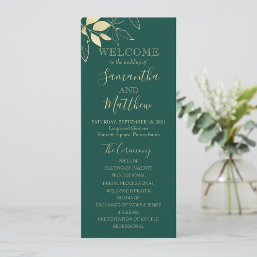 Emerald Green & Gold Foliage Botanical Wedding Programmakaart (Staand voorkant)