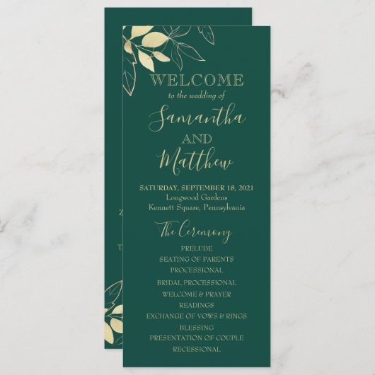 Emerald Green & Gold Foliage Botanical Wedding Programmakaart (Voorkant / Achterkant)
