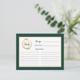 Emerald Green Gold Foliage Monogram Recipcard Briefkaart