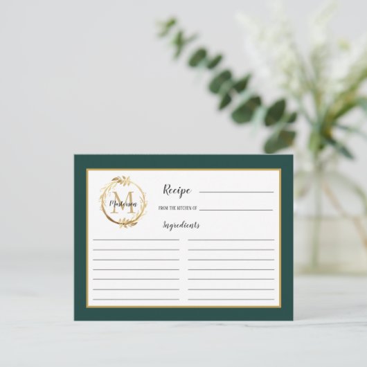 Emerald Green Gold Foliage Monogram Recipcard Briefkaart (Staand voorkant)