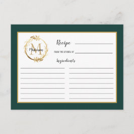 Emerald Green Gold Foliage Monogram Recipcard Briefkaart