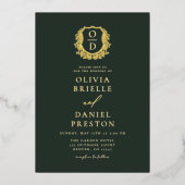 Emerald Green Gold Folie Crest Monogram Huwelijk Folie Uitnodiging (Voorkant)