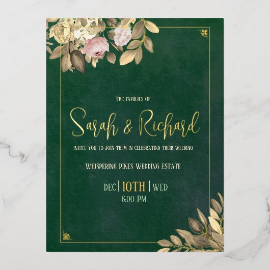 Emerald Green Gold Folie Wedding Uitnodiging Briefkaart (Voorkant)