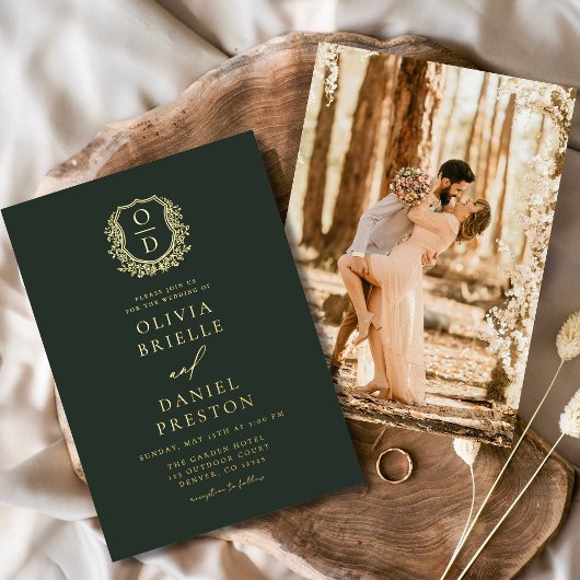 Emerald Green Gold Fotomonogram Huwelijk Folie Uitnodiging