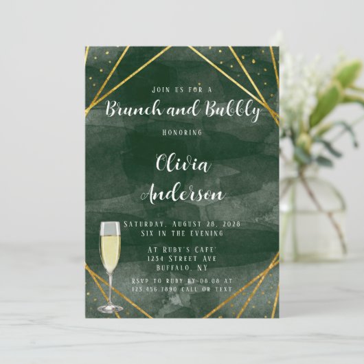 Emerald Green & Gold Geometric Brunch en Bubble Kaart (Staand voorkant)