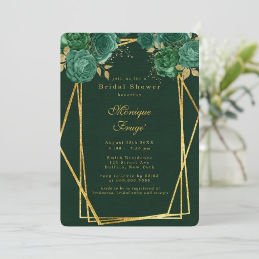 Emerald Green Gold Geometric Floral Vrijgezellenfe Kaart (Staand voorkant)