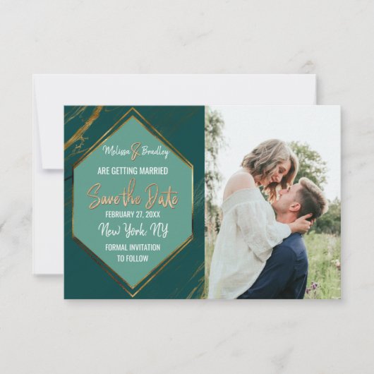 Emerald Green Gold Geometric Marble Save the Date (Voorkant)