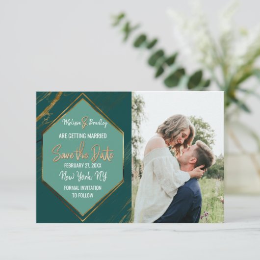 Emerald Green Gold Geometric Marble Save the Date (Staand voorkant)