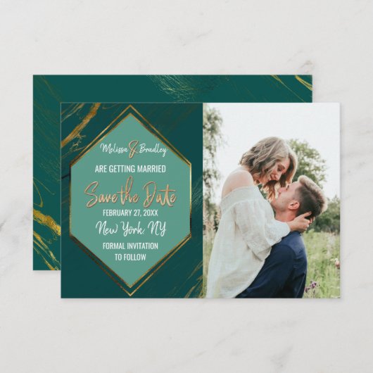 Emerald Green Gold Geometric Marble Save the Date (Voorkant / Achterkant)