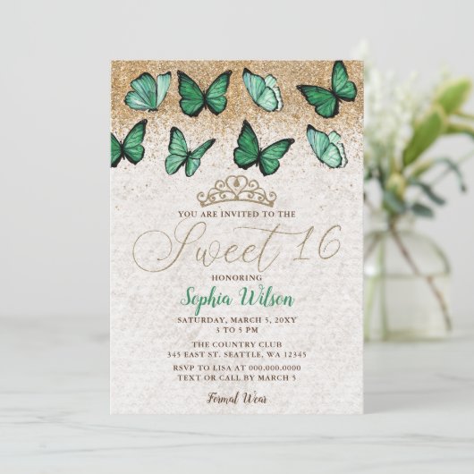 Emerald Green Gold Glitter Butterfly Sweet 16 Kaart (Staand voorkant)