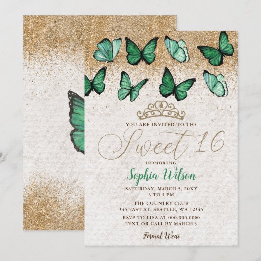 Emerald Green Gold Glitter Butterfly Sweet 16 Kaart (Voorkant / Achterkant)