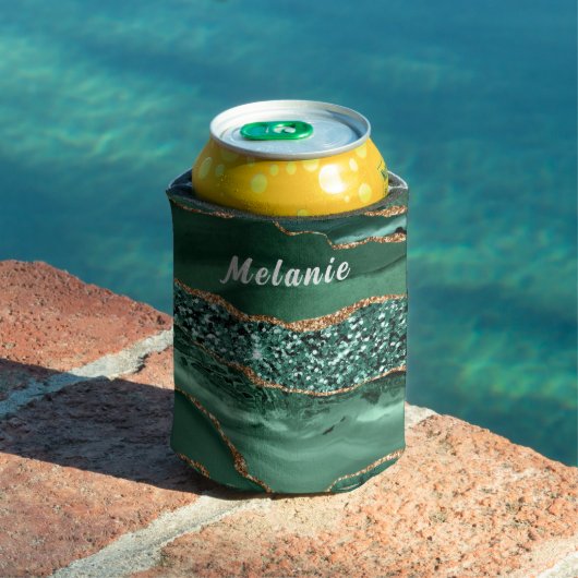 Emerald Green Gold Glitter Can Cooler Custom Name (Insitu Zwembad)