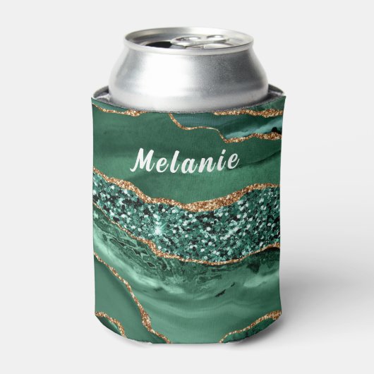 Emerald Green Gold Glitter Can Cooler Custom Name (Blikje Voorkant)