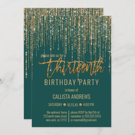 Emerald Green Gold Glitter Fringe 13th Birthday Kaart (Voorkant / Achterkant)