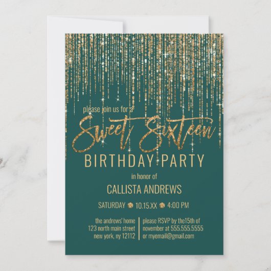 Emerald Green Gold Glitter Fringe Curtain Sweet 16 Kaart (Voorkant)
