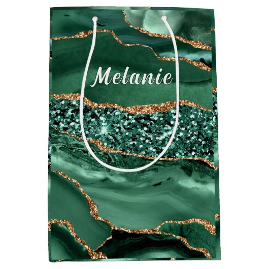 Emerald Green Gold Glitter Gift Bag Aangepaste naa Medium Cadeauzakje (Voorkant)