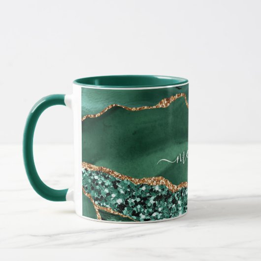 Emerald Green Gold Glitter Marmer Aangepaste Naam  Mok (Links)