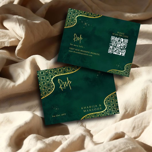 Emerald Green Gold Glitter QR-code Huwelijk RSVP Informatiekaartje