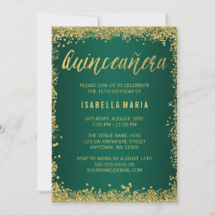 Emerald Green Gold Glitter Quinceanera 15th Kaart