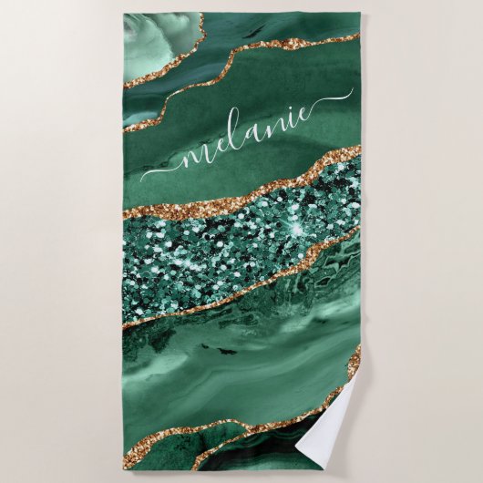 Emerald Green Gold Glitter Strandlaken Custom Name (Voorkant)