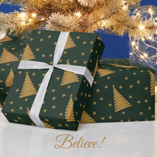 Emerald Green Gold Glitter Xmas Trees en sterren Cadeaupapier